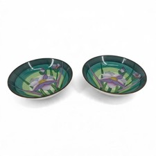 Vintage Hand Painted Porcelain Purple Iris Wall Plates Brass Rim Set of 2 picture