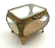 Fine Vintage Antique Filigree Jewelry Casket Footed Box with Beveled Glass picture