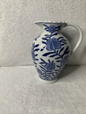 Vintage Blue White Porcelain Floral Ewer Pitcher Scalloped Rim 12” Chinoiserie picture