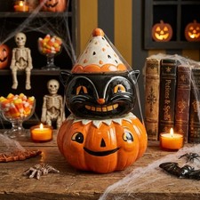 Johanna Parker Halloween Whimsical Black Cat Pumpkin Cookie Jar picture