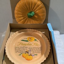 VTG 1980s Ceramic Pumpkin Pie Recipe Plate Dish w/Lid  Keeper Ames Dept Store picture