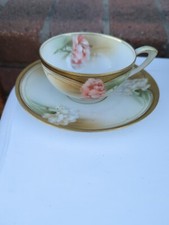 Antique Vintage RS Germany Prussia Carnation Floral Gold Trim Tea Cup  & Saucer  picture