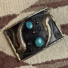 Vintage Navajo Sterling Silver Belt Buckle With Turquoise Old Pawn picture