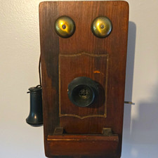 Pre-1940 Vintage Wood Wall-Mount Crank Telephone, Side Receiver, Brass Bells picture