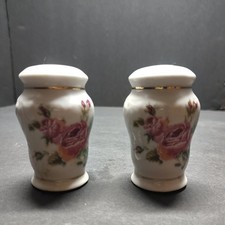 Vintage Rose White Ceramic salt and pepper shakers w/plugs Gold gild  picture