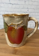 Studio Pottery Stone Earth-Tone Bamboo Embossed RED APPLE Coffee Tea Mug Cup 8oz picture