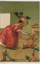Adorable Young Girl with Toy Soldiers - Feeding a Teddy Bear - postcard 791 picture