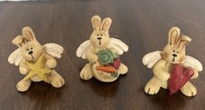 Vintage Blossom Bucket Bunny Angel Figurine Set Of 3 Suzy Scoglund Primitive Art picture