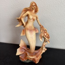 Mermaid Sea Turtle Figurine 9” Resin Faux Wood Look Coastal Nautical Decor picture