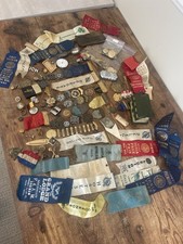 Large Junk Drawer Lot Miliary Medals, Masonic, Lighter, Metal Bank, Ribbons picture