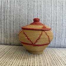 ⁠Vintage Alaskan Yupik Eskimo Coiled Beach Grass Basket w Lid Pedestal Base Red⁠ picture