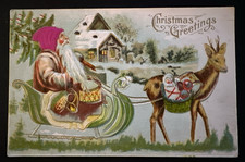 Silk Santa Claus in Sled with Reindeer~Winter Scene~1907 Christmas Postcard~r805 picture