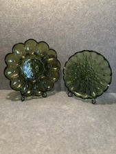 Vtg Anchor Hocking Avocado Green Glass Deviled Egg Plate and Relish Tray picture