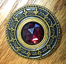 Button AMETHYST GLASS JEWEL GAY 1890's METAL STUNNING BRASS FACETED Antique picture