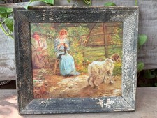 Vintage Framed Genre Scene Art Print Woman & Dog Rustic Cottage Wall Decor picture