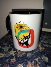 Ceramic MCM Atomic Retro Style Black Cat Coffee Mug picture
