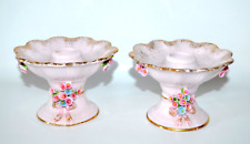 Vintage Pair Of Pink Porcelain Taper Candle Holders w/ Raised Flowers picture