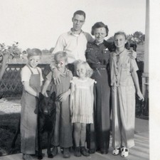 c1940s Family Children in Overalls German Shepherd Dog Snapshot Photo Porch Lawn picture