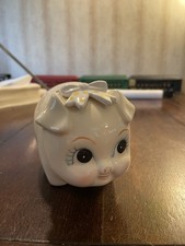 VINTAGE Lefton China Piggy Bank Coin Bank Yellow Bow Pink Cheeks Adorable VGC picture