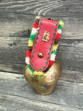 Vintage Large Swiss Cow Bell With Fringe Leather Collar 4.5” Brass Bell, picture