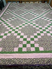 Vintage Handmade Double Irish Chain Quilt Pink, Green Floral Patchwork 77X61 picture