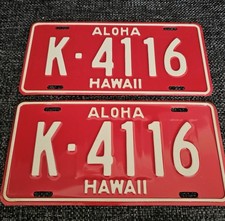 1957-60 NOS RED HAWAII LICENSE PLATES PAIR # 'K-4116' ANTIQUE, NEVER INSTALLED  picture