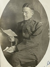 Postcard RPPC Man US Soldier In Uniform WW1 Portrait Reading Letter picture