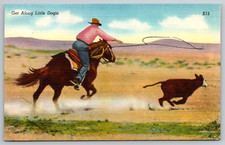 c1940s Get Along Little Dogie Boston MA Cowboy Rodeo Horse Postcard picture