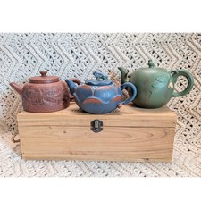 Vintage Yixing Zisha Clay Teapot Set of 3 Frog Lotus Landscape Artisan Signed picture