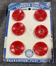 Vintage LeChic Red Plastic Buttons 6 On Card Unused NOS Round Floral Design picture