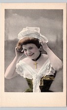 NICE LADY DOMESTIC SERVANT? c1910 postcard portrait woman france crucifix risque picture
