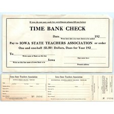 x2 LOT c1925 Iowa State Teachers Association Time Bank Check Enrollment Blank IA picture