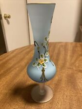 Vintage Blue Satin Glass Floral Hand Painted Vase Gold Trim 10” Tall Excellent C picture