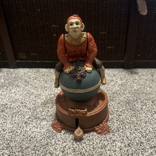 J & E Stevens Clown on Globe Cast Iron Mechanical Coin Bank Spinning NICE picture
