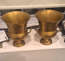 Pair of Vintage Solid Brass Pedestal Urns - Mid Century Champagne Bucket Deco picture