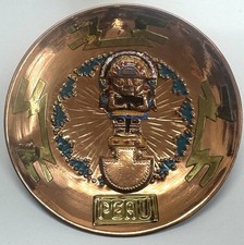 Vtg Peruvian Folk Are Hand Painted Copper Tone Inca God Design Wall Hanging picture