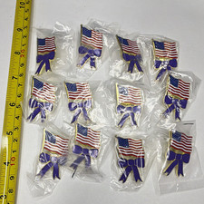 Lot of 12 American Flag Purple Ribbon Enamel Lapel Pins Patriotic USA New Bagged picture