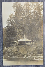Vintage Azo 1904-18 B&W RPPC Postcard Oregon Coast Lake Cabin Row Boat picture