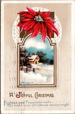 Ellen H. Clapsaddle A Joyful Christmas Poinsettia Snowy House Postcard 1913 picture