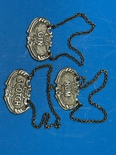 Vintage GIN RUM SCOTCH Liquor Decanter Tags Silver Tone Chains Barware Set 3 picture