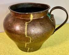 Antique Copper Pot Hand Wrought Riveted Handle Visible Brass Repairs Primitive picture