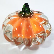 Clear Cased Art Glass Orange Pumpkin Paperweight with Green Stem 4