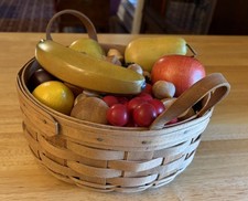 Longaberger 1986 basket with leather handles and large lot of Wooden Fruit picture