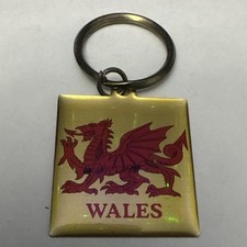 Wales Welsh Red Dragon Square Metal Keyring Keychain Gold Tone picture