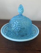 Vintage Northwood Palm Beach Blue Opalescent Covered Butter Dish - RARE picture