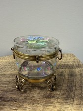 Antique Victorian Enameled Glass Dresser Box Brass Footed Jewelry Casket C.1890 picture