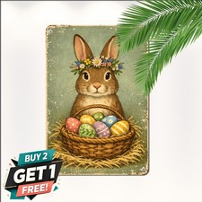 Easter Bunny Flower Crown Sign Cute Rabbit Spring Basket Metal Wall Plaque picture