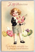 Clapsaddle Valentine~Blonde Boy in Short Pants Suit~ Holds Pink Roses Heart~IAPC picture