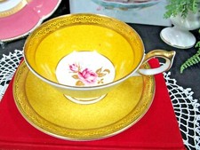 AYNSLEY tea cup and saucer Athens pink rose yellow teacup England 1940s set  picture