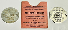 2 VINTAGE 1948 1953 OHIO OUTBOARD BOAT MOTOR METAL LICENSE TAGS MILLERS LANDING picture